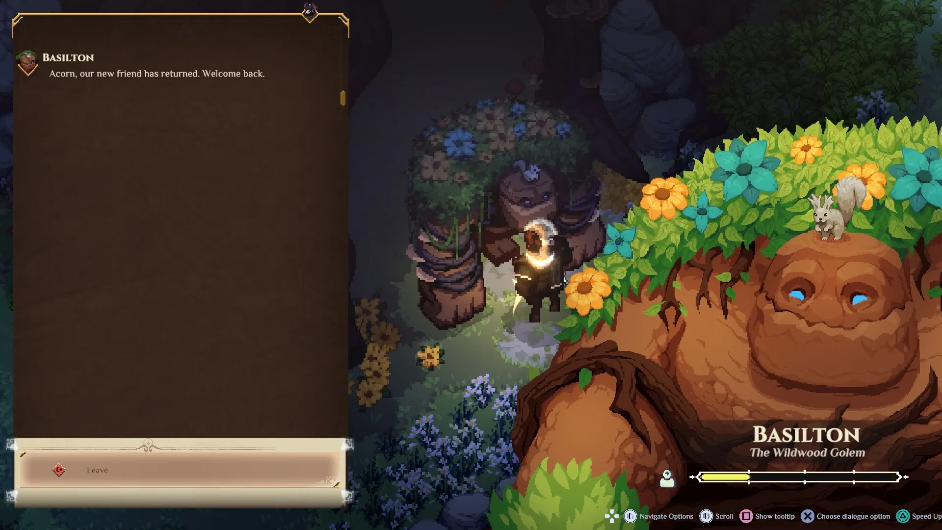 A dialogue screen with a giant flowered golem labelled Basilton, The Wildwood Golem
