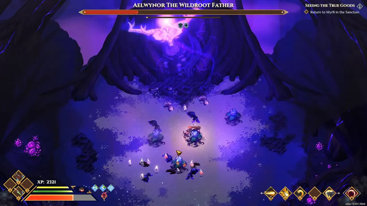 A large glowing boss in a purple arena with the health bar Aelwynor The Wildroot Father