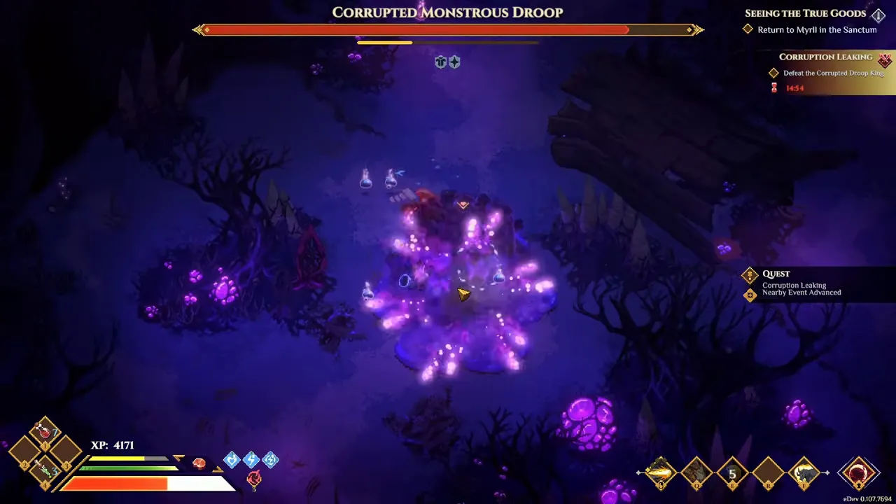 A purple glowing droop boss in a dark forest under the health bar Corrupted Monstrous Droop