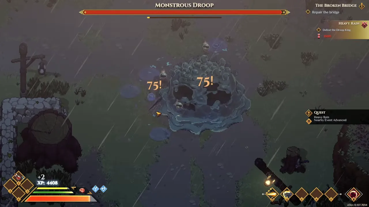 A huge grey droop in the rain in a farm field, with a Monstrous Droop health bar and a Heavy Rain event tracker
