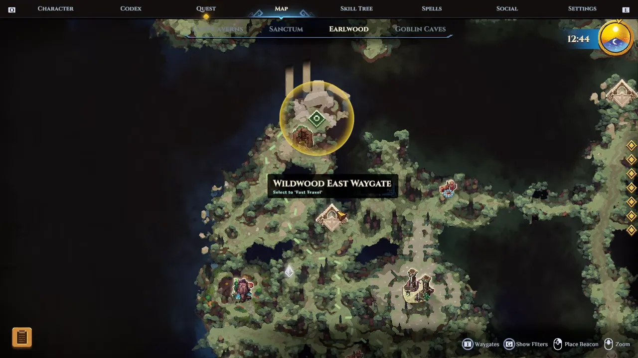 The Earlwood map with a gold circle at the top of a forest and a tooltip reading Wildwood East Waygate