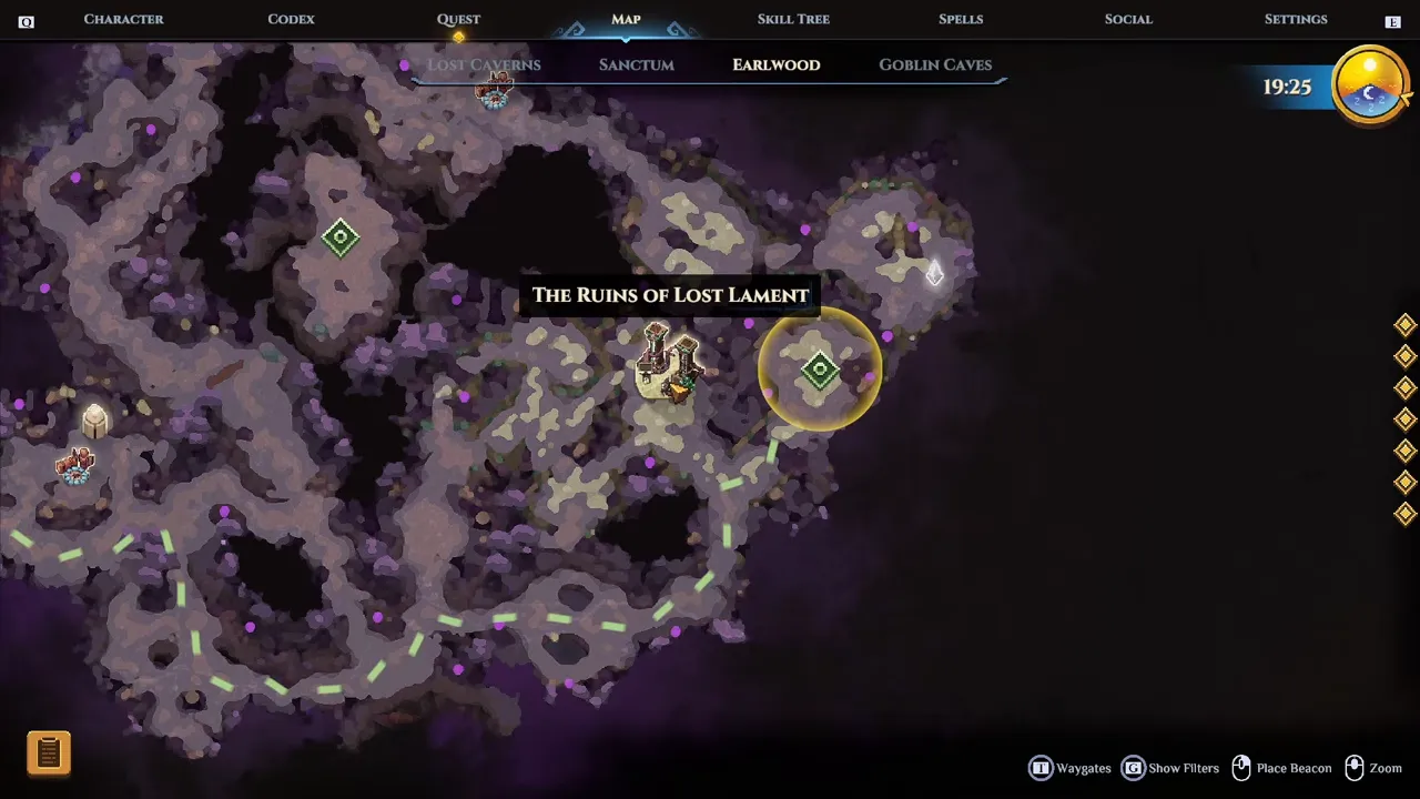A purple forest map with the label The Ruins of Lost Lament and a gold circle beside it