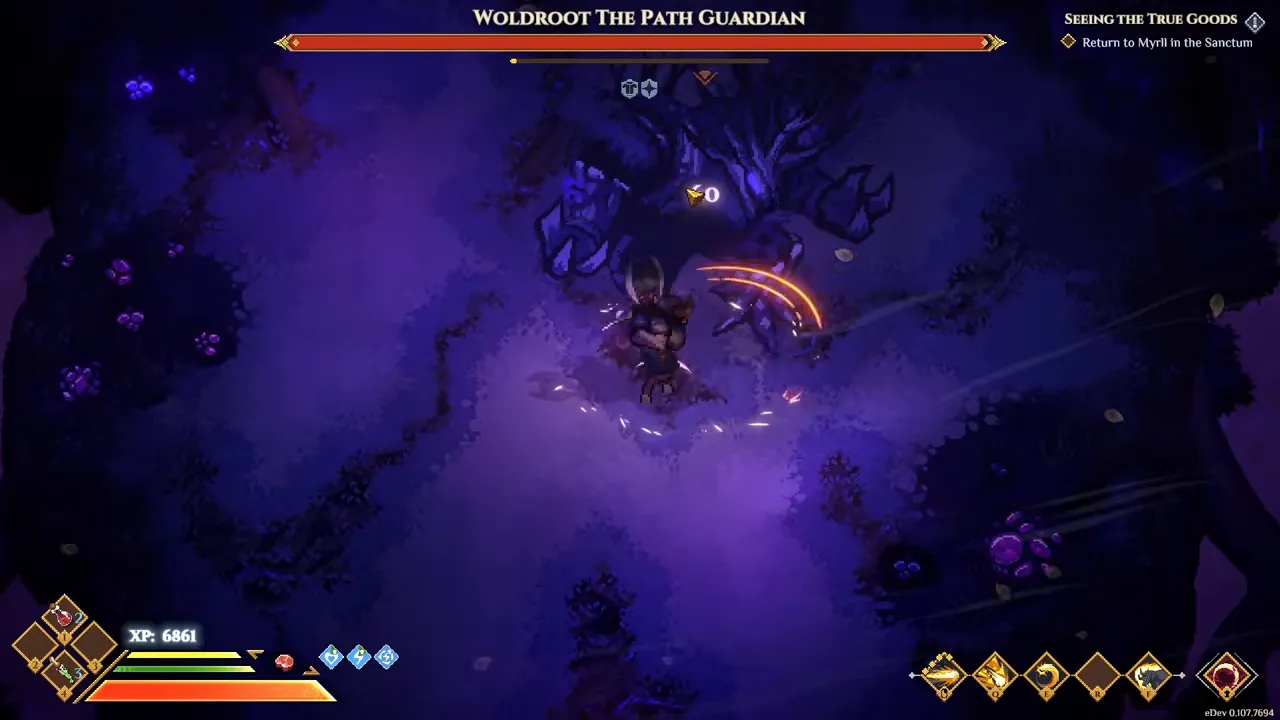A fight in a purple forest under a health bar reading Woldroot The Path Guardian