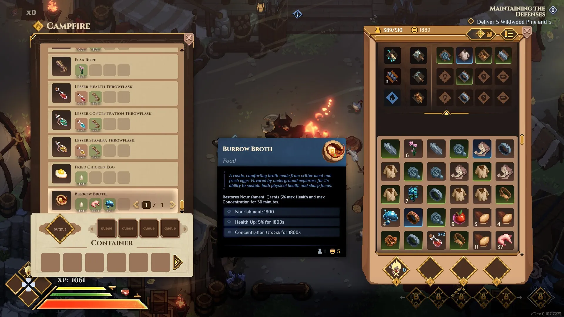 A campfire cooking menu with Burrow Broth selected, beside the inventory