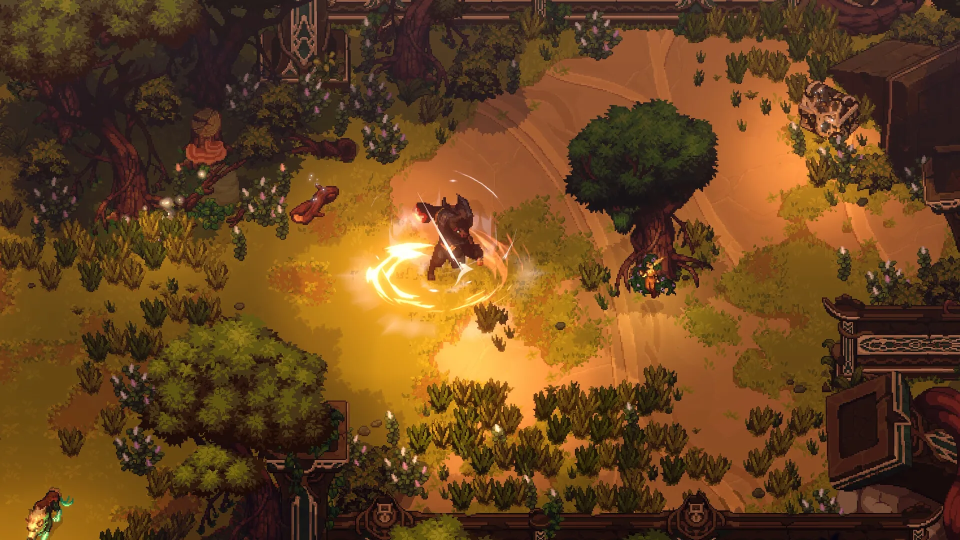 A horned warrior swings a glowing weapon at enemies in an autumn forest.