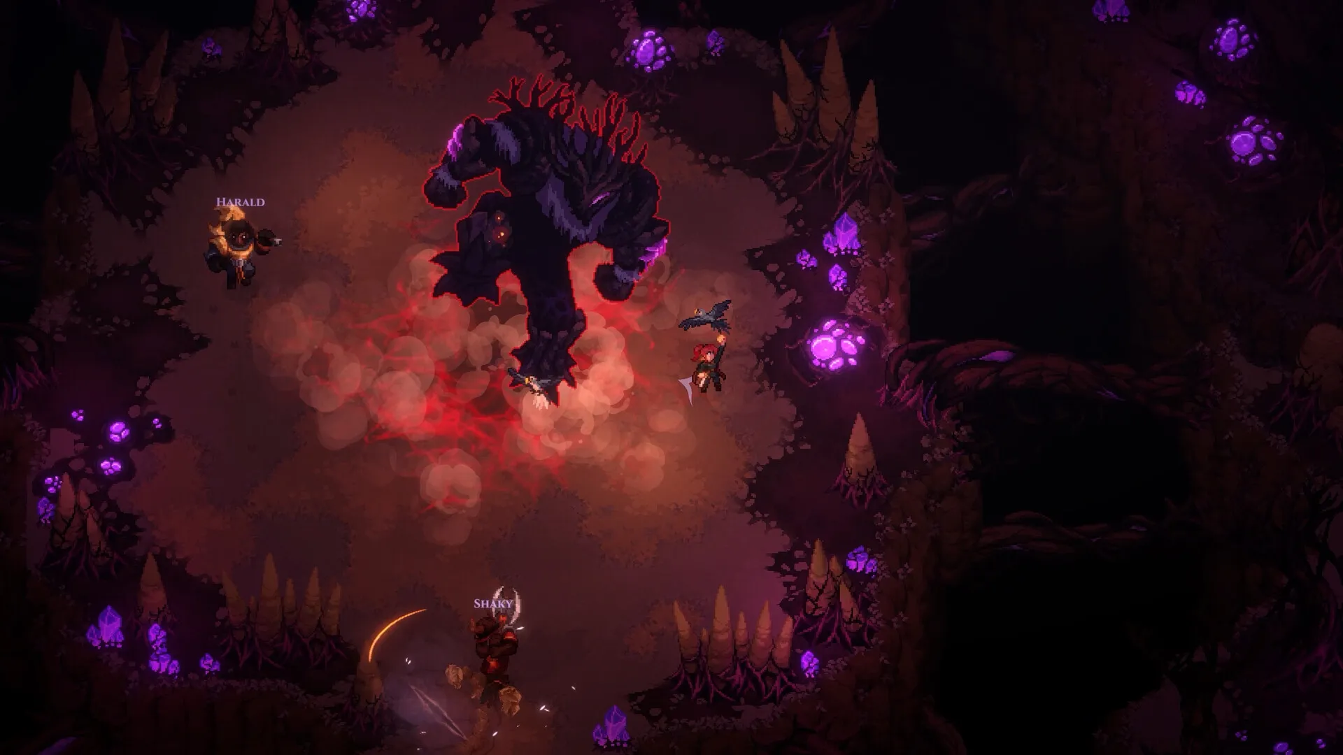 A large dark creature in red mist fighting two players labelled Harald and Shiry