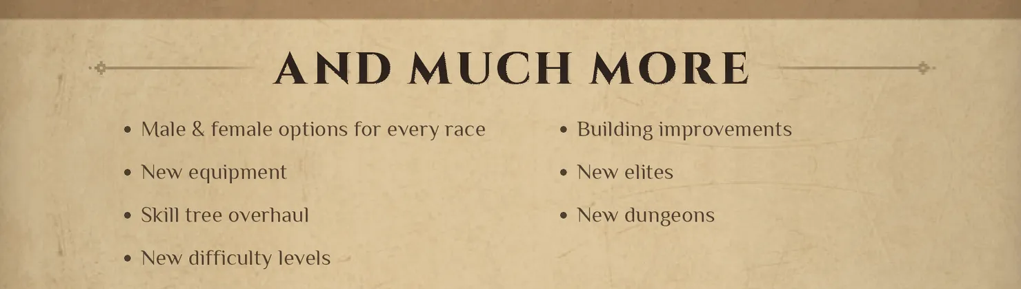 Mudtek patch-notes list: male and female options, new equipment, skill tree overhaul, difficulty levels, building improvements, new elites, new dungeons