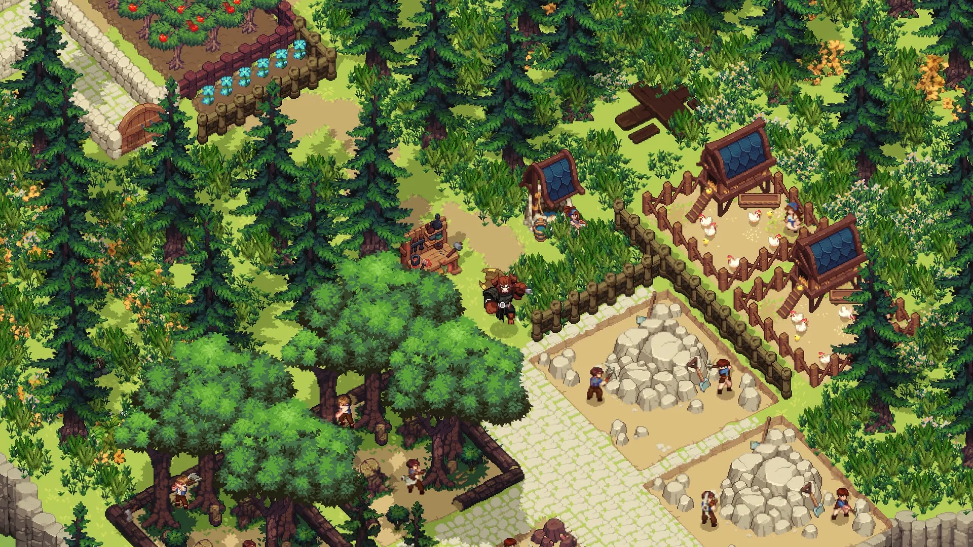 Farm plots, wooden buildings and fences among pine trees