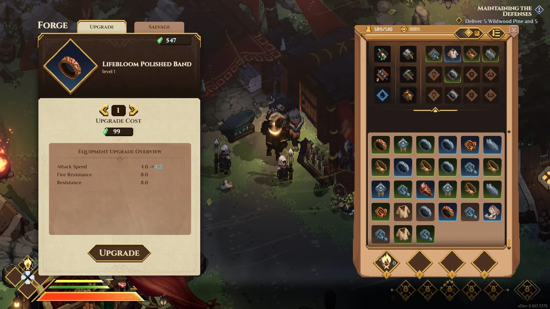 The forge upgrade screen for a Lifebloom Polished Band beside the inventory