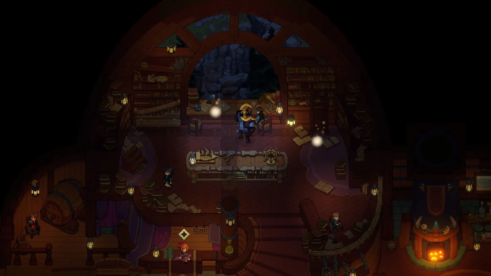 A warm wooden hall with bookshelves along the walls and a lit hearth.