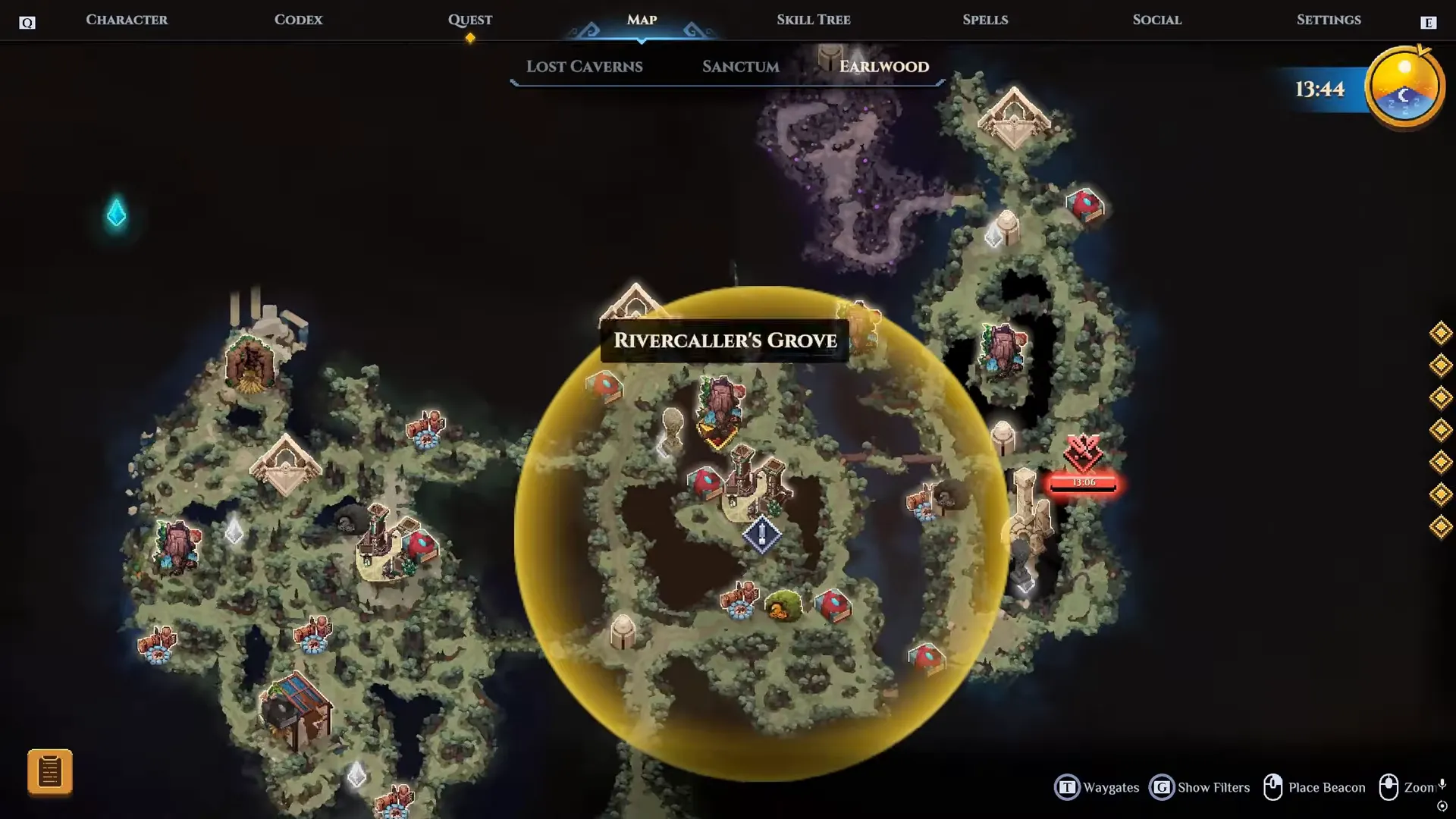 Earlwood map tab with a yellow quest search circle and the hover label Rivercaller's Grove