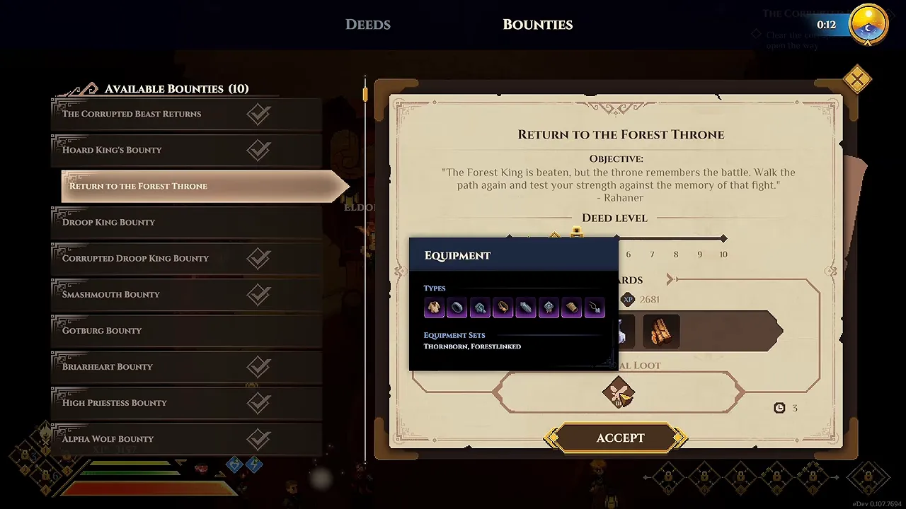 The Bounties tab listing ten bounties, with an Equipment tooltip naming the sets Thornborn and Forestlinked