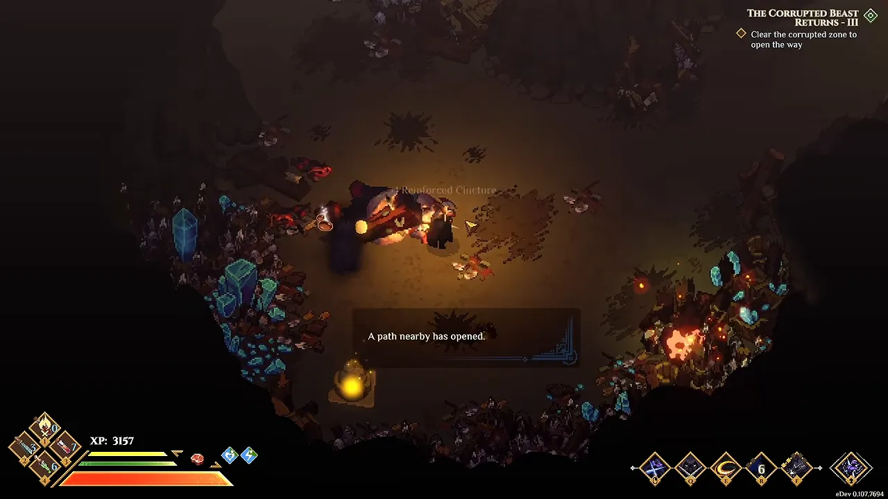 A cave with blue crystals and the message A path nearby has opened, with a quest tracker in the corner