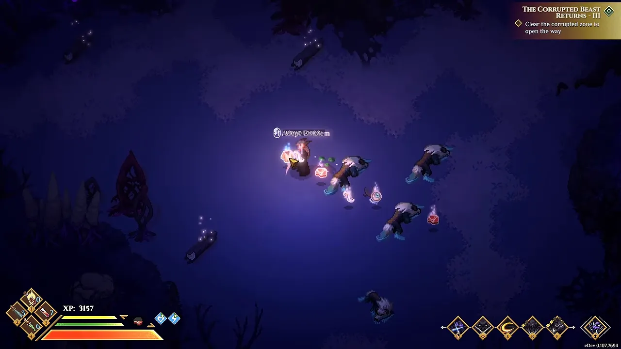 A pack of wolves in a dark purple forest with loot on the ground and a quest tracker in the corner
