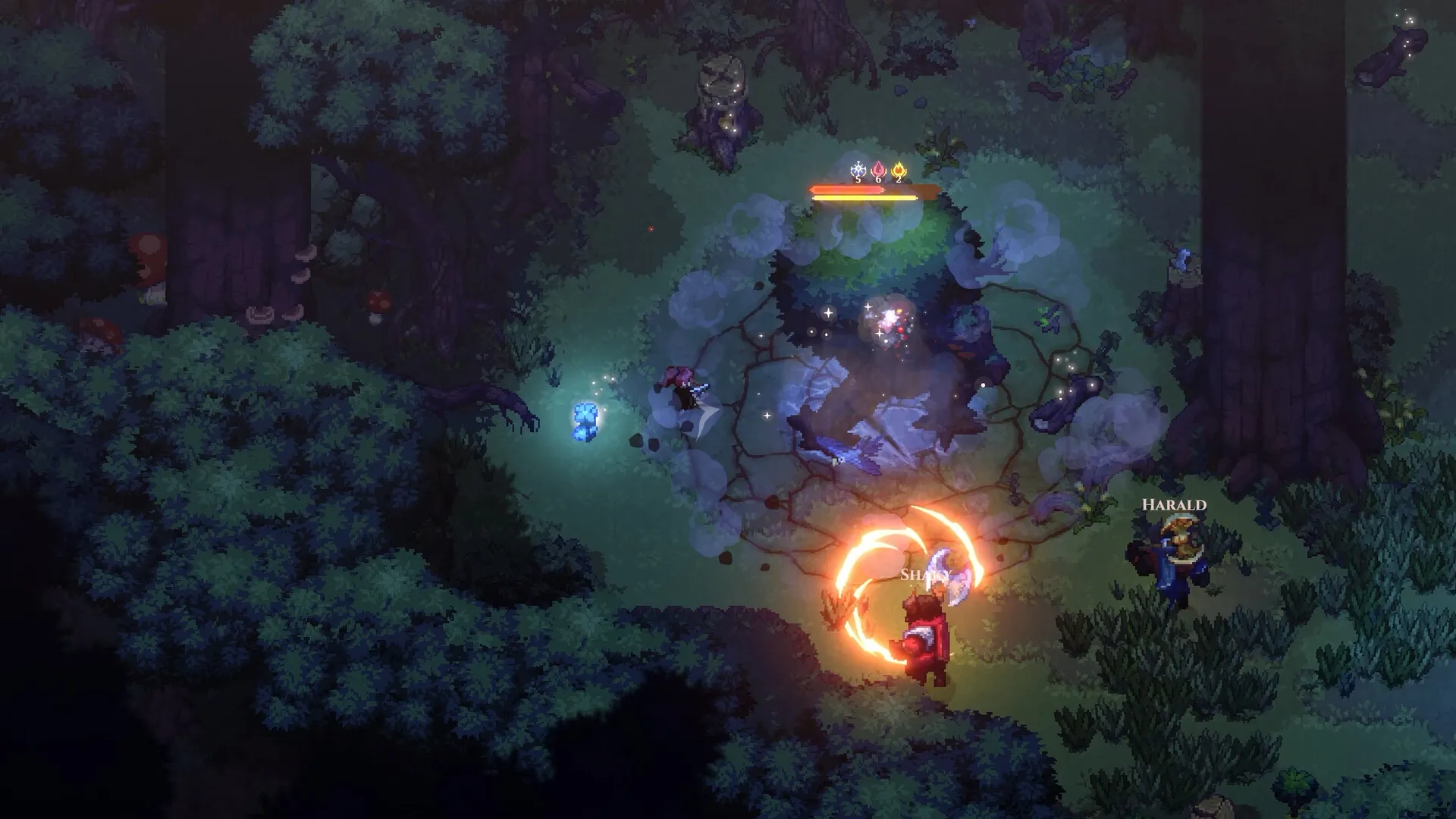 A fight at night in a dark blue forest, one player character labelled Harald.