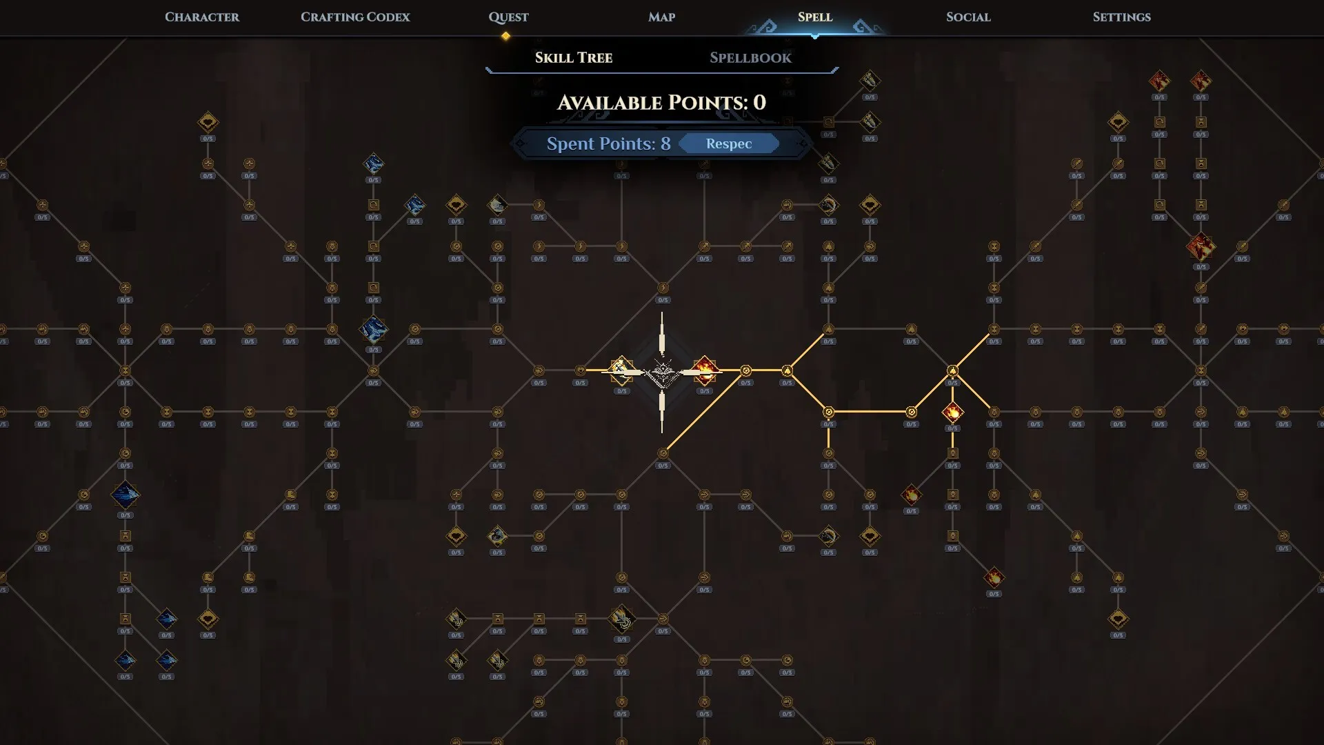 The skill tree screen: a web of connected nodes, with Available Points 0, Spent Points 8 and a Respec button at the top.