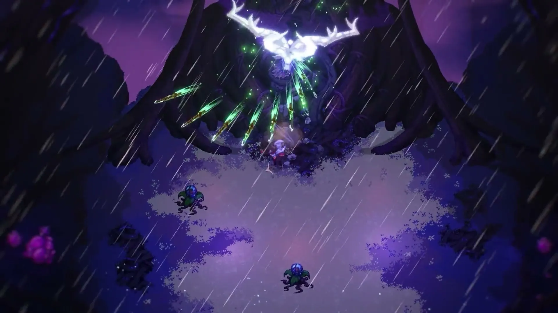 A large antlered creature firing green projectiles through rain at a small figure