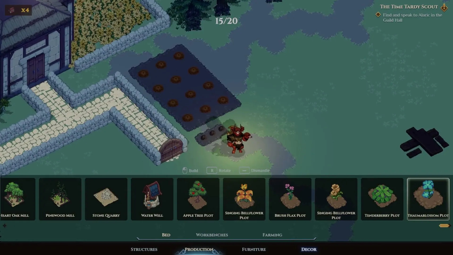 Build menu open on the Production tab beside farm plots, with the quest tracker reading The Time Tardy Scout, Find and speak to Alaric in the Guild Hall
