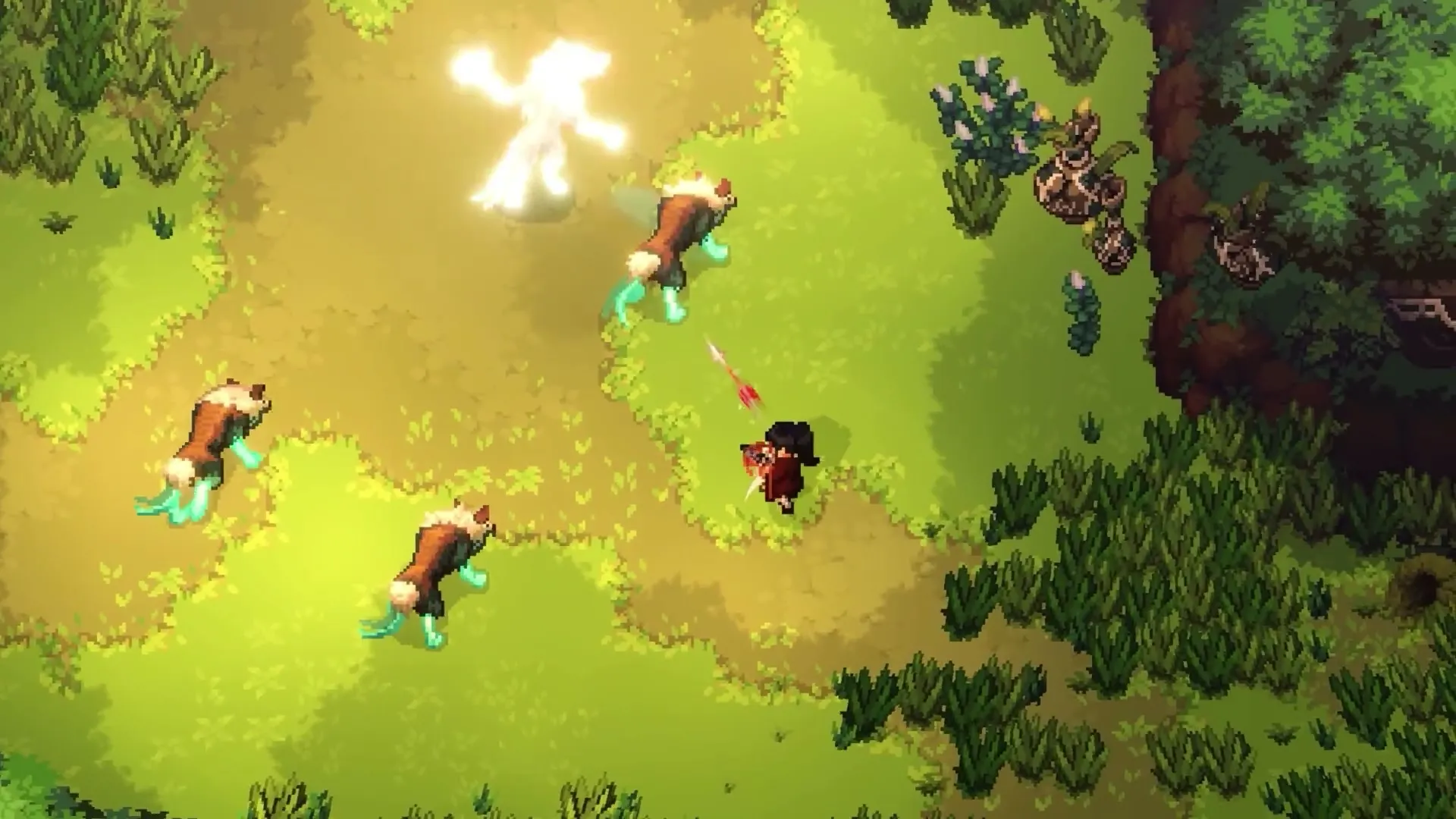 A character fighting three hound-like beasts in a sunlit meadow, one enemy glowing white