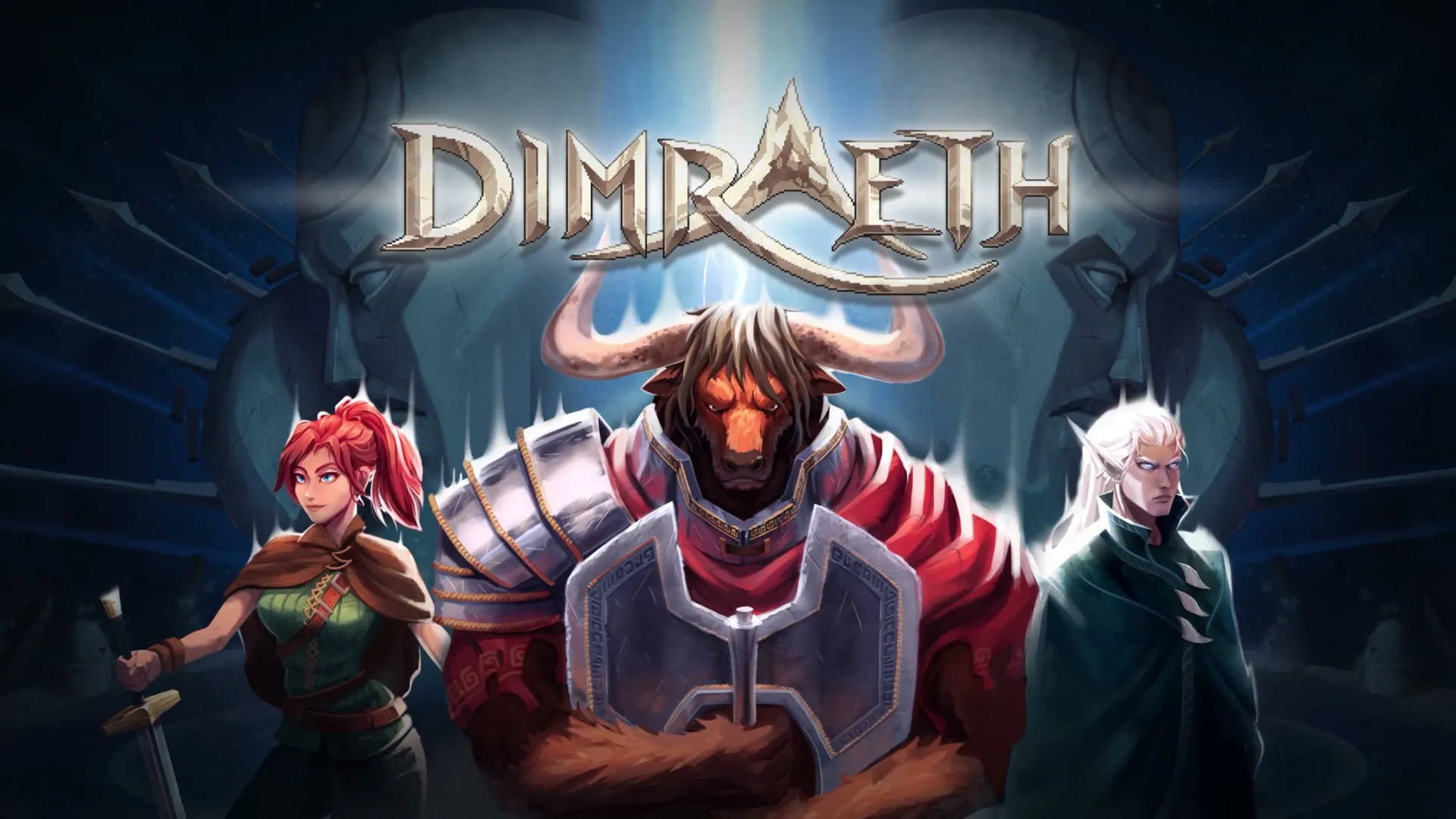 The Dimraeth logo above three characters: a red-haired human, an armoured minotaur and a pale elf.