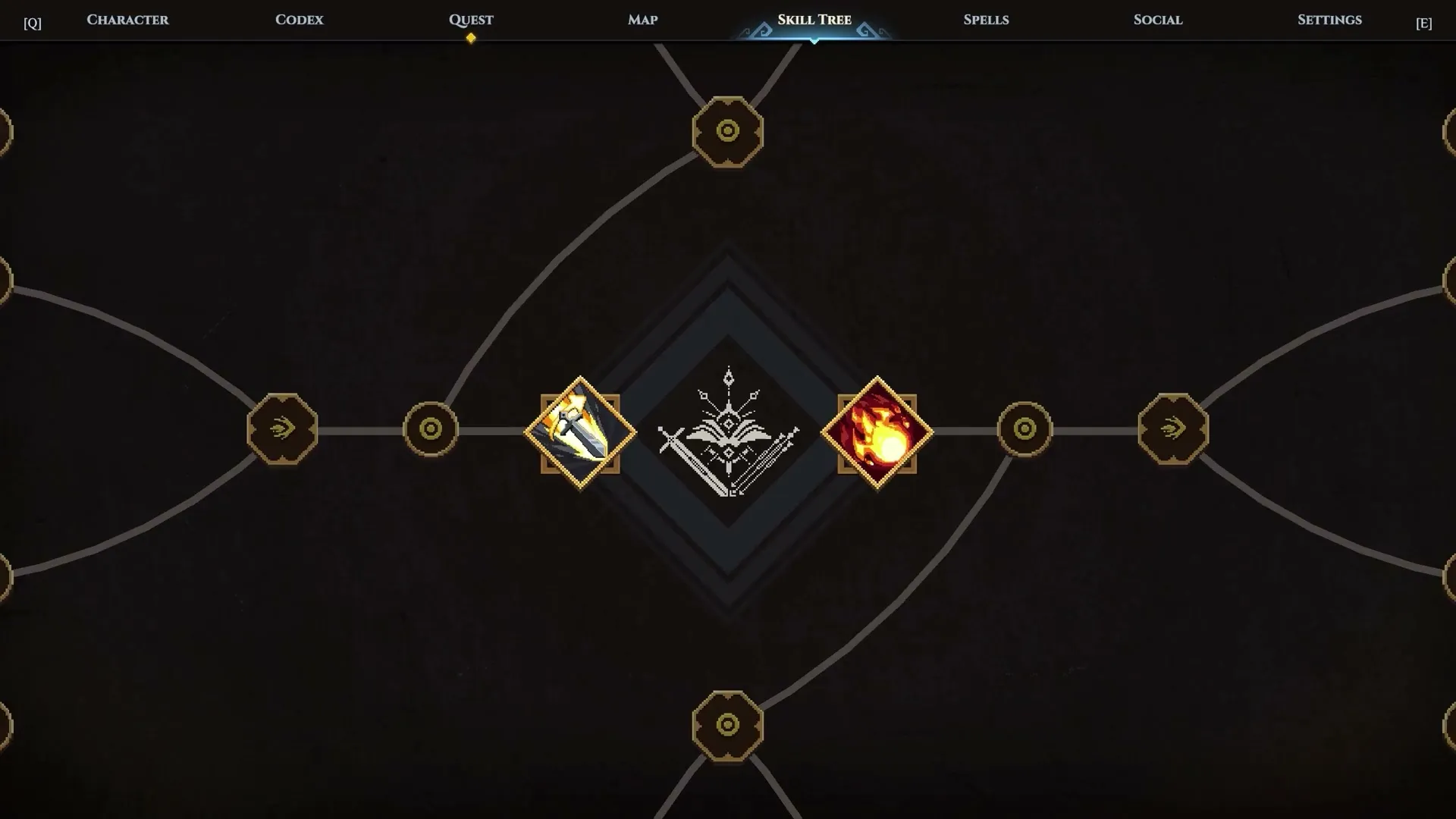 Skill tree centre with a sword node and a fire node, under a top menu reading Codex, Quest, Map, Skill Tree, Spells, Social, Settings