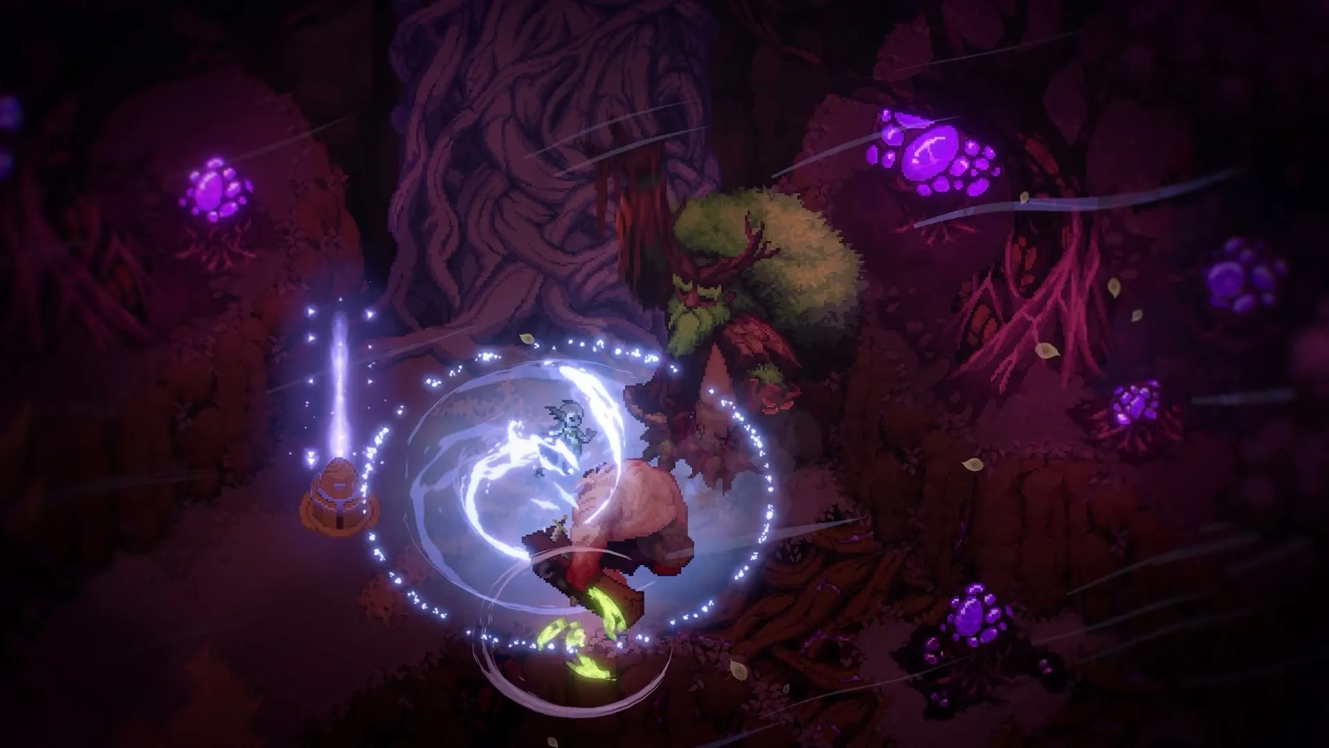 A character casting a swirling blue spell at a tree-like creature in a purple forest