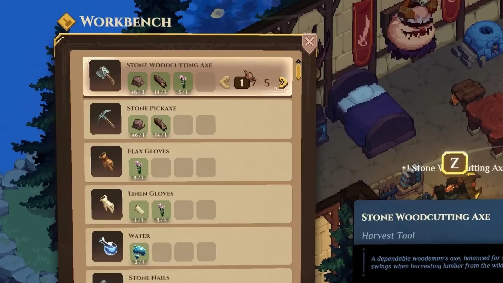 A workbench recipe list with Stone Woodcutting Axe, Stone Pickaxe, Flax Gloves, Linen Gloves, Water and Stone Nails, and a Stone Woodcutting Axe tooltip reading Harvest Tool