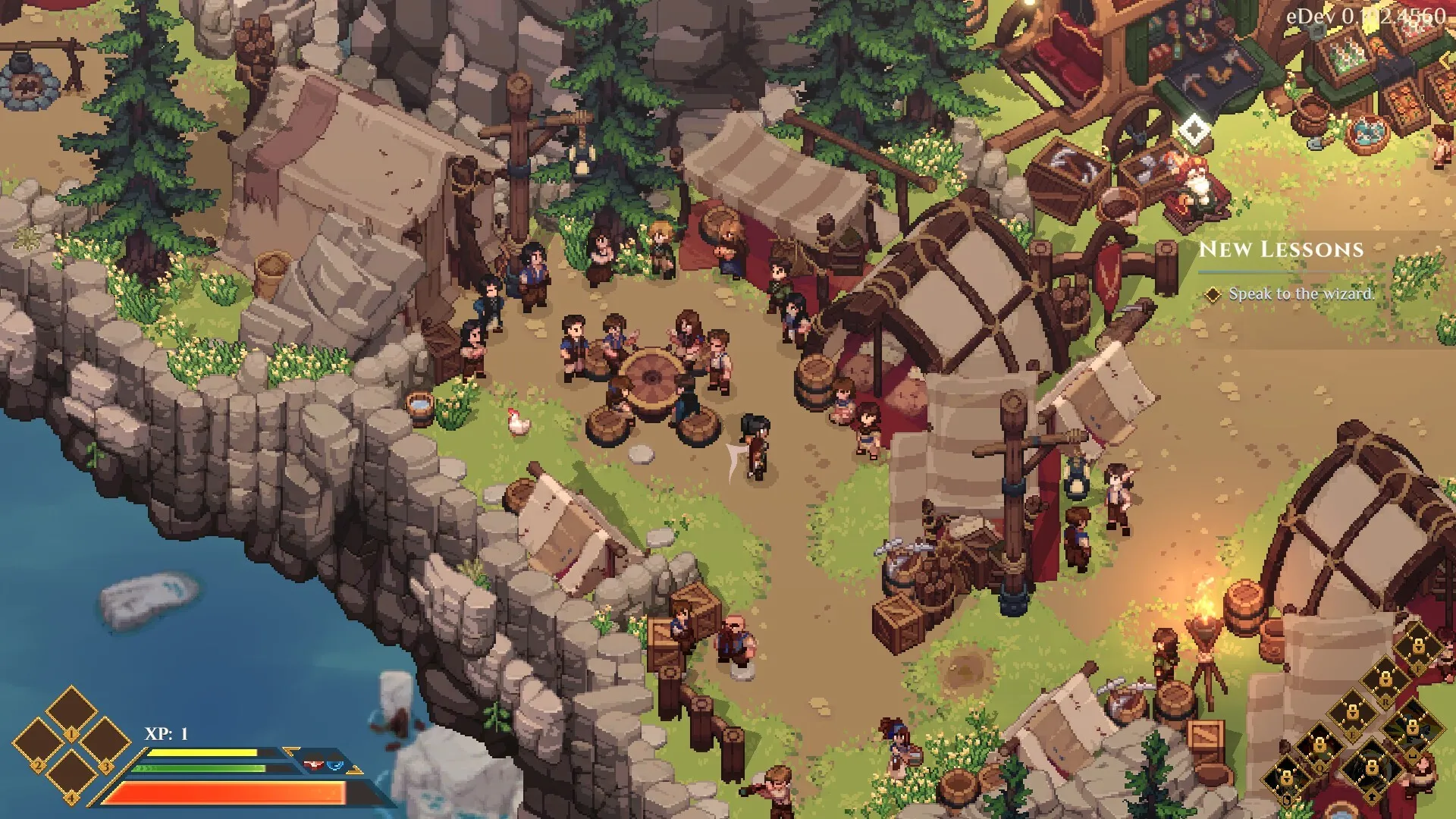 A busy camp of tents on a cliff with a quest prompt reading New Lessons, Speak to the wizard